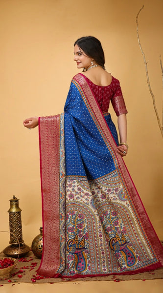 Mayawye Women's Soft Dola Cotton Kalamkari Printed Saree With Unstitched Blouse 5.5Mtr (Blue)