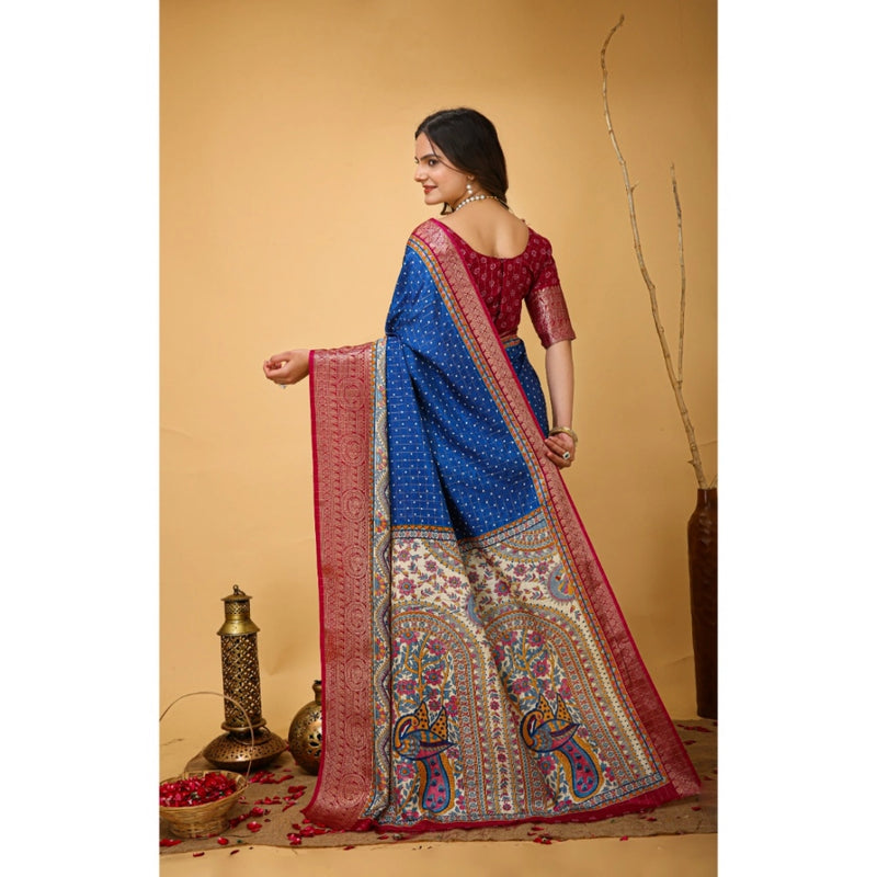 Mayawye Women's Soft Dola Cotton Kalamkari Printed Saree With Unstitched Blouse 5.5Mtr (Blue)