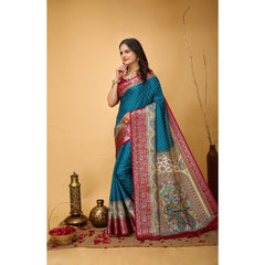 Mayawye Women's Soft Dola Cotton Kalamkari Printed Saree With Unstitched Blouse 5.5Mtr (Sky Blue)