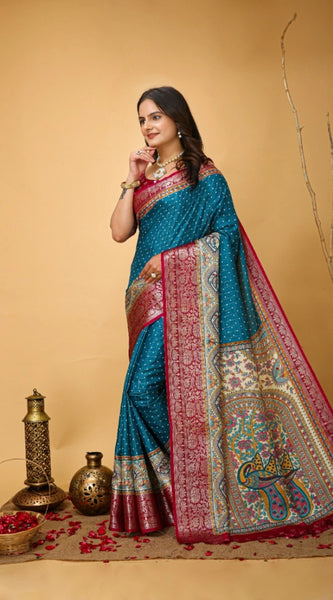 Mayawye Women's Soft Dola Cotton Kalamkari Printed Saree With Unstitched Blouse 5.5Mtr (Sky Blue)