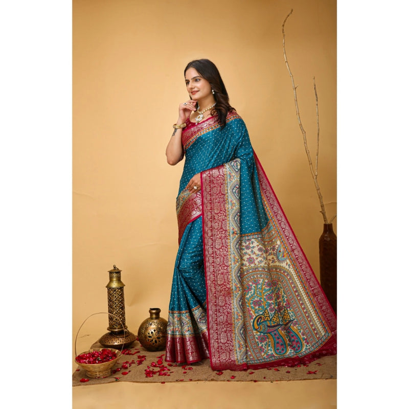 Mayawye Women's Soft Dola Cotton Kalamkari Printed Saree With Unstitched Blouse 5.5Mtr (Sky Blue)