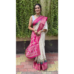 Mayawye Women's Soft Dola Cotton Kalamkari Printed Saree With Unstitched Blouse 5.5Mtr (White)