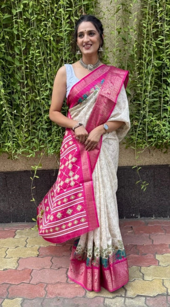 Mayawye Women's Soft Dola Cotton Kalamkari Printed Saree With Unstitched Blouse 5.5Mtr (White)