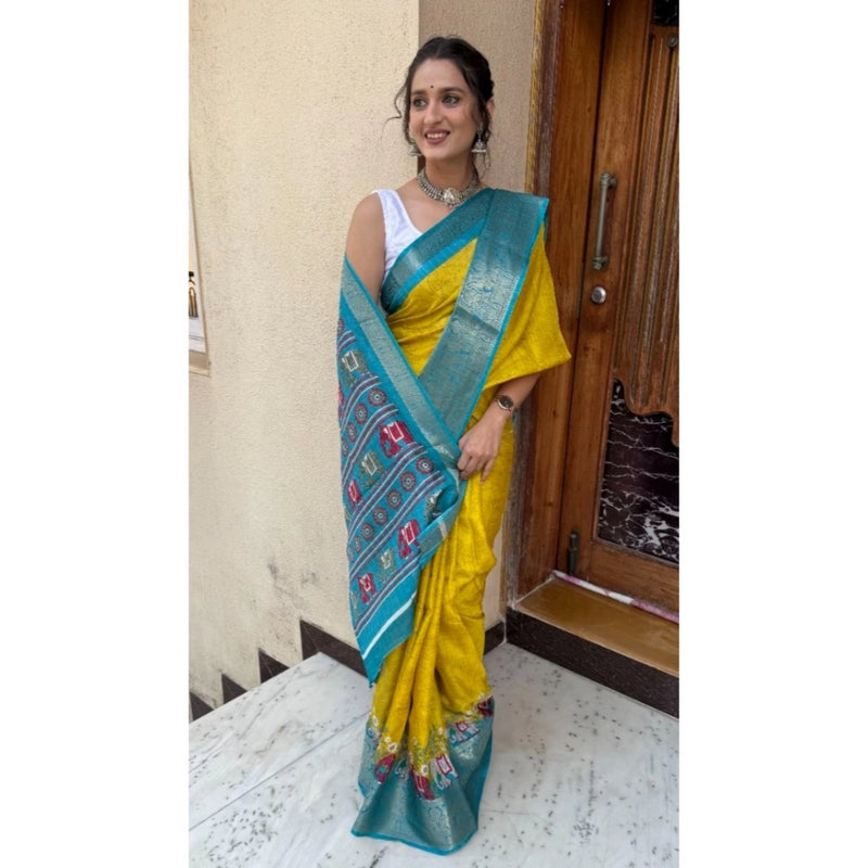 Mayawye Women's Soft Dola Cotton Kalamkari Printed Saree With Unstitched Blouse 5.5Mtr (Mustard)