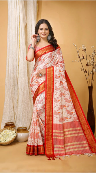 Mayawye Women's Soft Cotton Silk Printed Saree With Unstitched Blouse 5.5Mtr (Red)