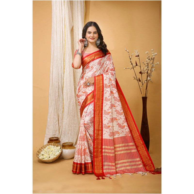 Mayawye Women's Soft Cotton Silk Printed Saree With Unstitched Blouse 5.5Mtr (Red)