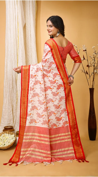 Mayawye Women's Soft Cotton Silk Printed Saree With Unstitched Blouse 5.5Mtr (Red)