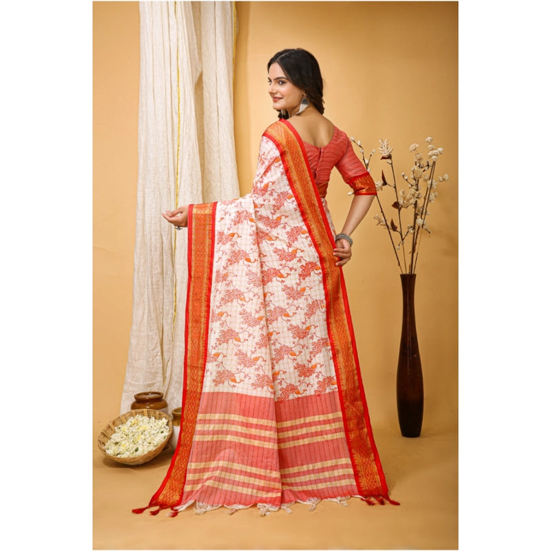 Mayawye Women's Soft Cotton Silk Printed Saree With Unstitched Blouse 5.5Mtr (Red)