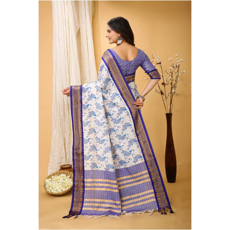 Mayawye Women's Soft Cotton Silk Printed Saree With Unstitched Blouse 5.5Mtr (Purple)