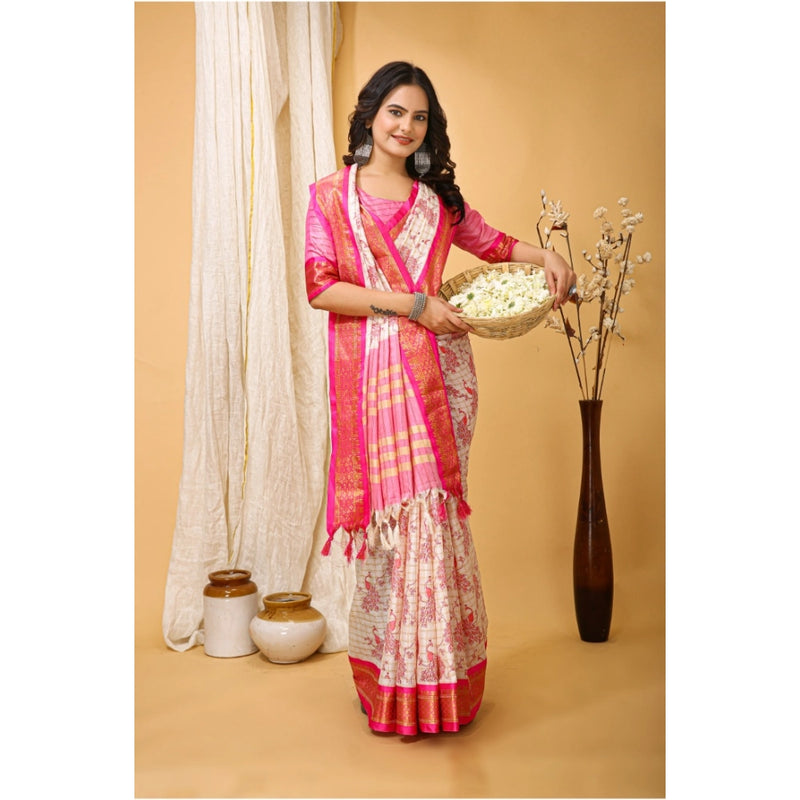 Mayawye Women's Soft Cotton Silk Printed Saree With Unstitched Blouse 5.5Mtr (Pink)