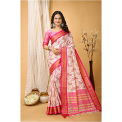 Mayawye Women's Soft Cotton Silk Printed Saree With Unstitched Blouse 5.5Mtr (Pink)