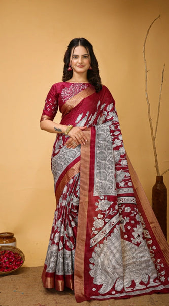 Mayawye Women's Soft Handloom Cotton Kalamkari Printed Saree With Unstitched Blouse 5.5Mtr (Maroon)