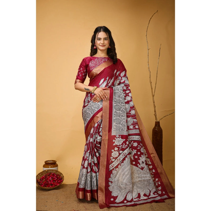 Mayawye Women's Soft Handloom Cotton Kalamkari Printed Saree With Unstitched Blouse 5.5Mtr (Maroon)