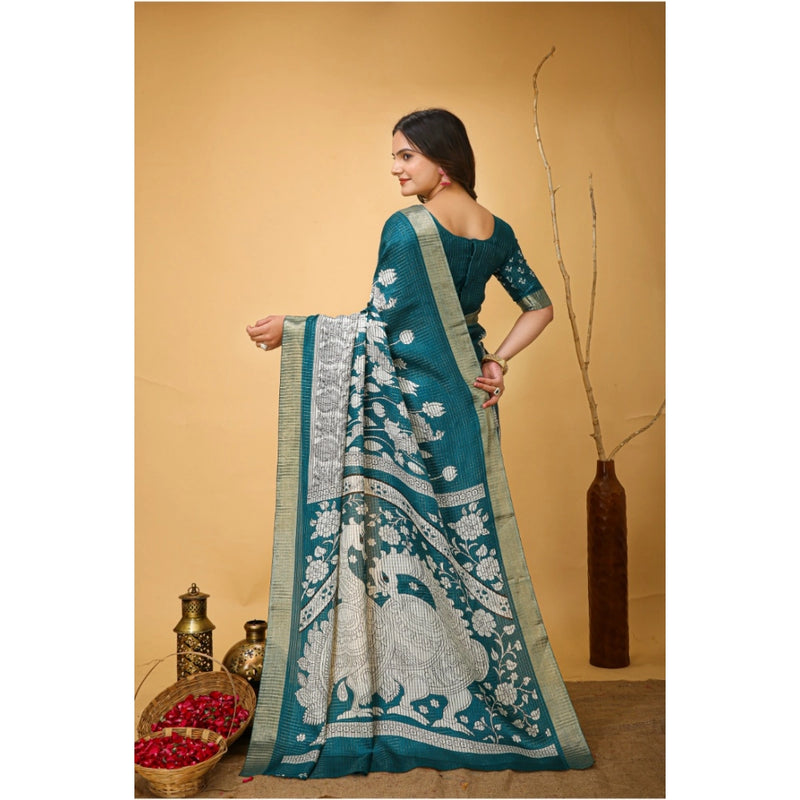 Mayawye Women's Soft Handloom Cotton Kalamkari Printed Saree With Unstitched Blouse 5.5Mtr (Turquoise)