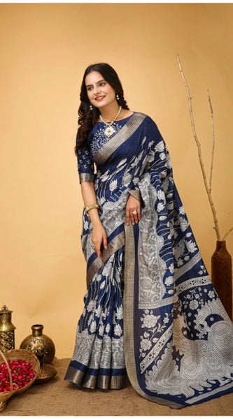 Mayawye Women's Soft Handloom Cotton Kalamkari Printed Saree With Unstitched Blouse 5.5Mtr (Blue)