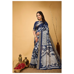 Mayawye Women's Soft Handloom Cotton Kalamkari Printed Saree With Unstitched Blouse 5.5Mtr (Blue)