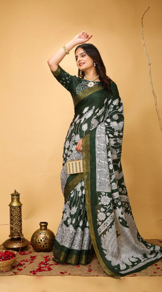 Mayawye Women's Soft Handloom Cotton Kalamkari Printed Saree With Unstitched Blouse 5.5Mtr (Green)