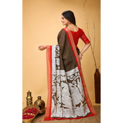 Mayawye Women's Soft Handloom Cotton Kalamkari Printed Saree With Unstitched Blouse 5.5Mtr (Brown)