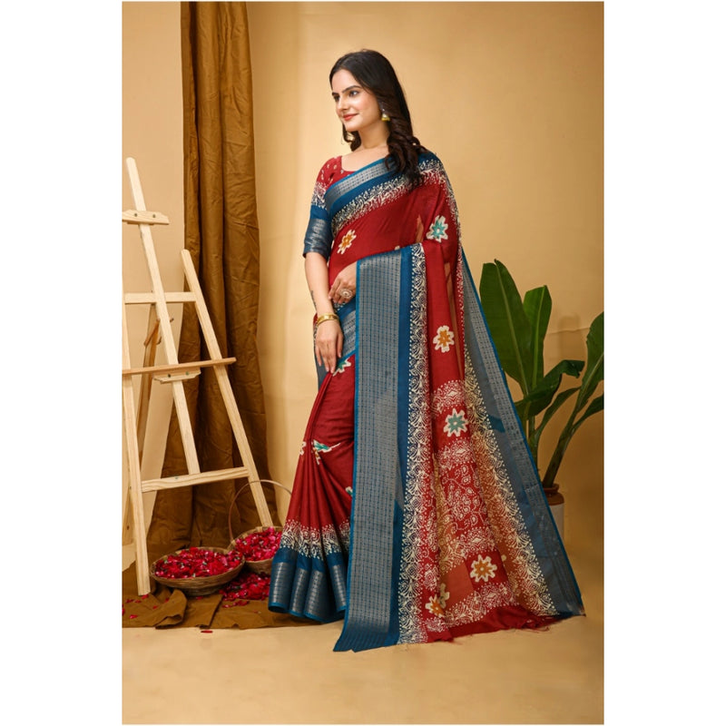 Mayawye Women's Soft Blooming Marshmallow Fabric Kalamkari Printed Saree With Unstitched Blouse 5.5Mtr (Red)