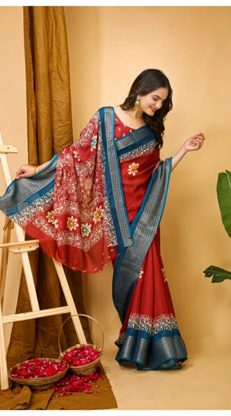 Mayawye Women's Soft Blooming Marshmallow Fabric Kalamkari Printed Saree With Unstitched Blouse 5.5Mtr (Red)