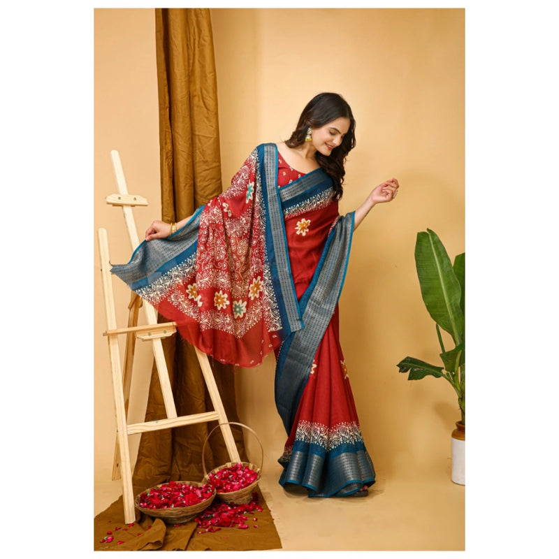 Mayawye Women's Soft Blooming Marshmallow Fabric Kalamkari Printed Saree With Unstitched Blouse 5.5Mtr (Red)