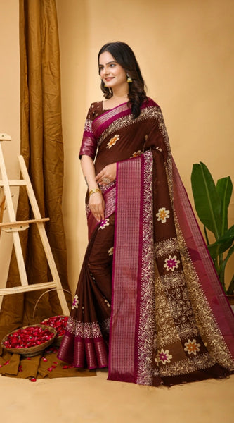 Mayawye Women's Soft Blooming Marshmallow Fabric Kalamkari Printed Saree With Unstitched Blouse 5.5Mtr (Maroon)