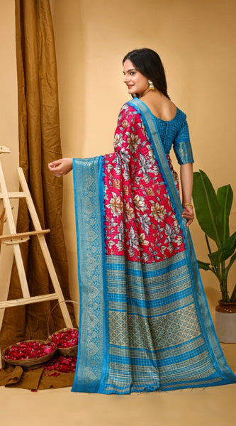 Mayawye Women's Soft Dola Cotton Kalamkari Printed Saree With Unstitched Blouse 5.5Mtr (Pink)