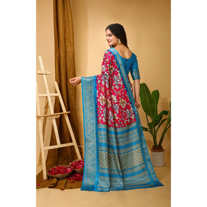 Mayawye Women's Soft Dola Cotton Kalamkari Printed Saree With Unstitched Blouse 5.5Mtr (Pink)