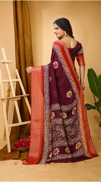 Mayawye Women's Soft Blooming Marshmallow Fabric Kalamkari Printed Saree With Unstitched Blouse 5.5Mtr (Wine)