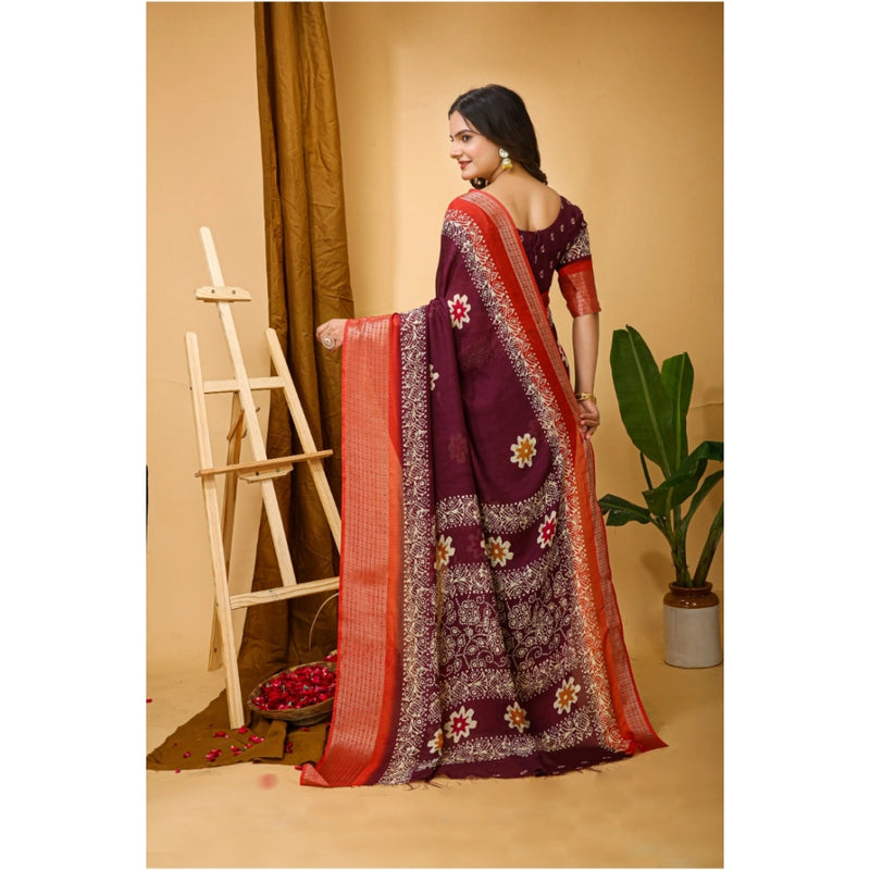 Mayawye Women's Soft Blooming Marshmallow Fabric Kalamkari Printed Saree With Unstitched Blouse 5.5Mtr (Wine)
