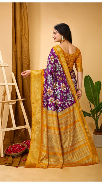 Mayawye Women's Soft Dola Cotton Kalamkari Printed Saree With Unstitched Blouse 5.5Mtr (Purple)