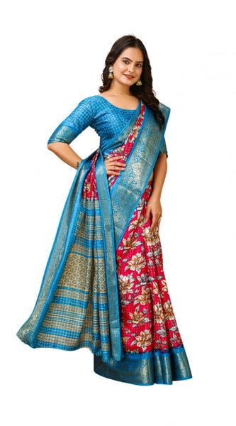 Mayawye Women's Soft Dola Cotton Kalamkari Printed Saree With Unstitched Blouse 5.5Mtr (Pink)