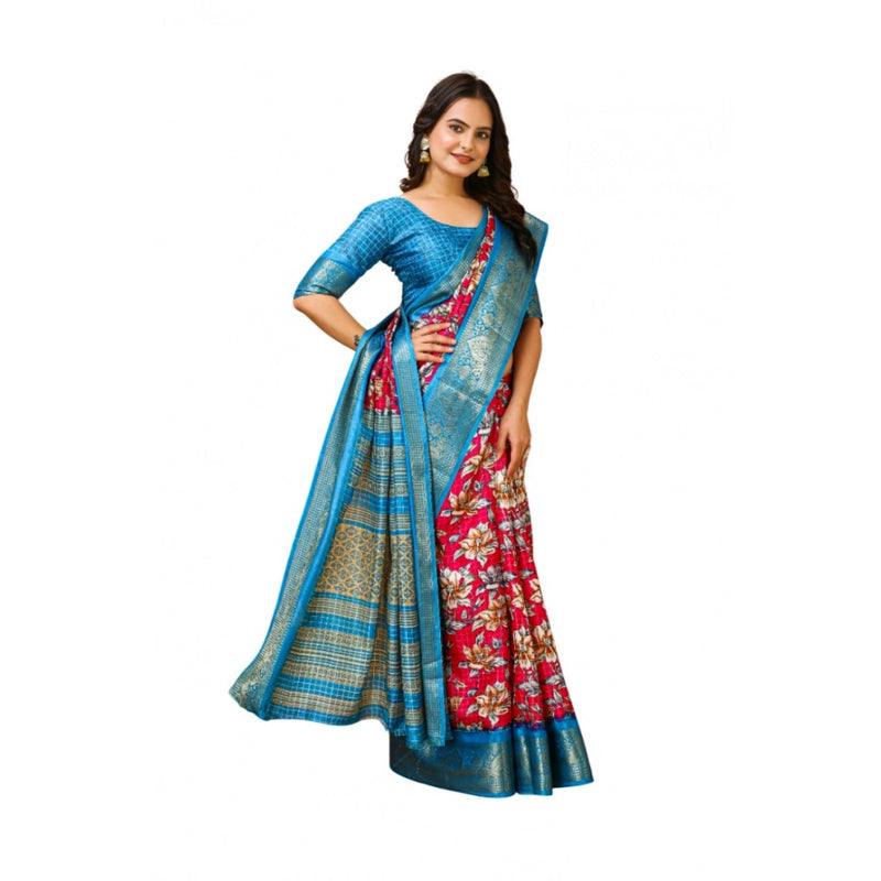 Mayawye Women's Soft Dola Cotton Kalamkari Printed Saree With Unstitched Blouse 5.5Mtr (Pink)