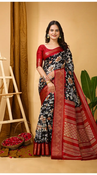 Mayawye Women's Soft Dola Cotton Kalamkari Printed Saree With Unstitched Blouse 5.5Mtr (Black)