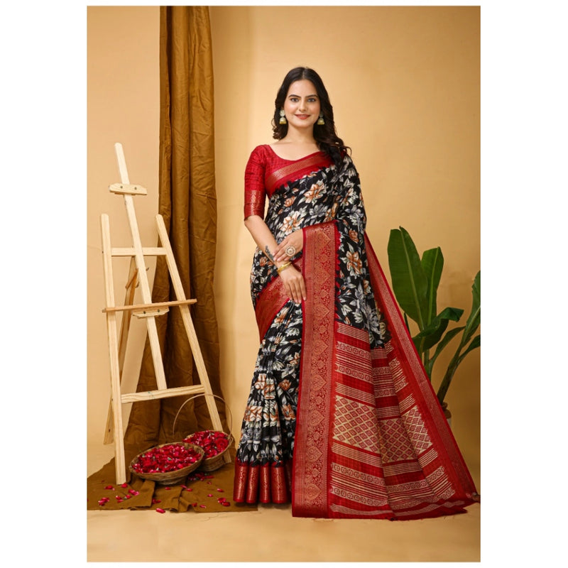 Mayawye Women's Soft Dola Cotton Kalamkari Printed Saree With Unstitched Blouse 5.5Mtr (Black)