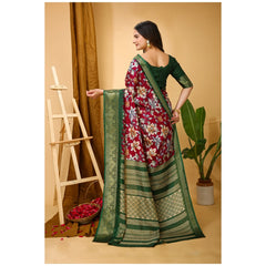Mayawye Women's Soft Dola Cotton Kalamkari Printed Saree With Unstitched Blouse 5.5Mtr (Maroon)