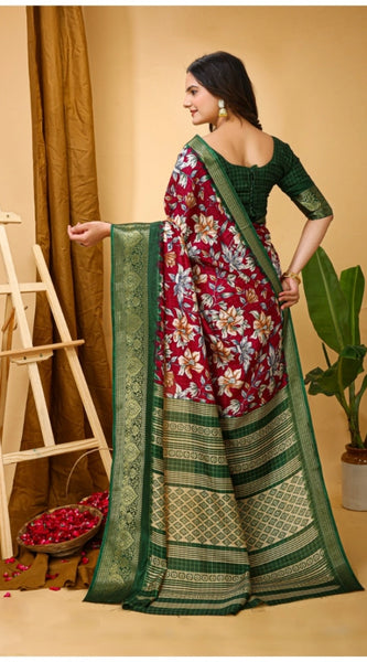 Mayawye Women's Soft Dola Cotton Kalamkari Printed Saree With Unstitched Blouse 5.5Mtr (Maroon)