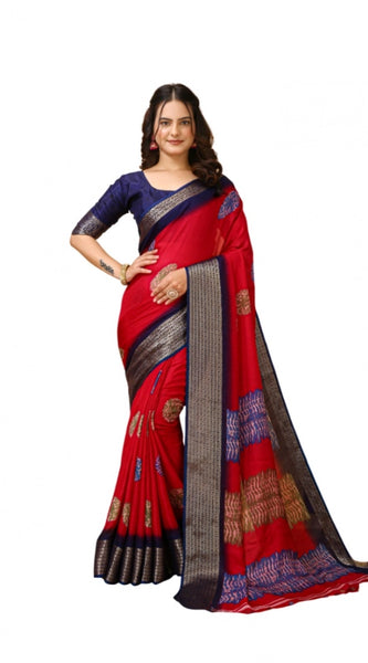 Mayawye Women's Soft Blooming Marshmallow Fabric Kalamkari Printed Saree With Unstitched Blouse 5.5Mtr (Red)