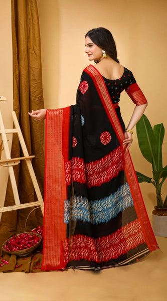 Mayawye Women's Soft Blooming Marshmallow Fabric Kalamkari Printed Saree With Unstitched Blouse 5.5Mtr (Black)