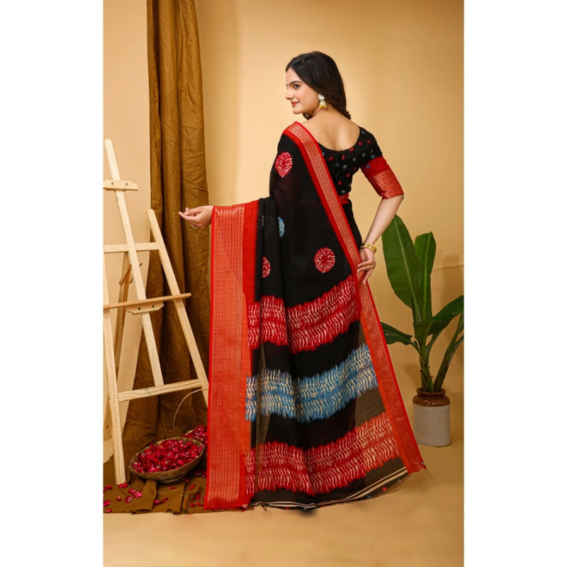 Mayawye Women's Soft Blooming Marshmallow Fabric Kalamkari Printed Saree With Unstitched Blouse 5.5Mtr (Black)