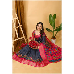 Mayawye Women's Soft Dola Cotton Kalamkari Printed Saree With Unstitched Blouse 5.5Mtr (Grey)