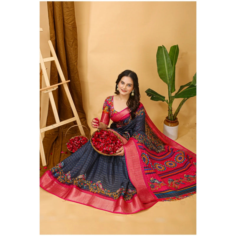 Mayawye Women's Soft Dola Cotton Kalamkari Printed Saree With Unstitched Blouse 5.5Mtr (Grey)