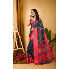 Mayawye Women's Soft Dola Cotton Kalamkari Printed Saree With Unstitched Blouse 5.5Mtr (Grey)