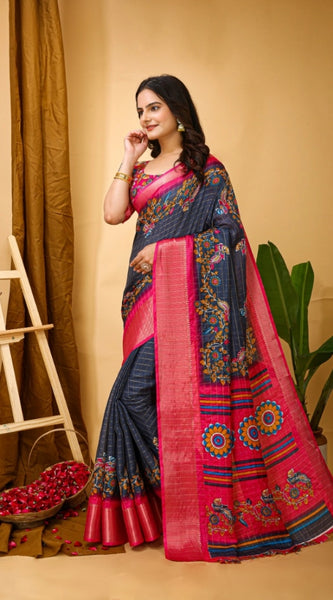 Mayawye Women's Soft Dola Cotton Kalamkari Printed Saree With Unstitched Blouse 5.5Mtr (Grey)