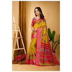 Mayawye Women's Soft Dola Cotton Kalamkari Printed Saree With Unstitched Blouse 5.5Mtr (Yellow)