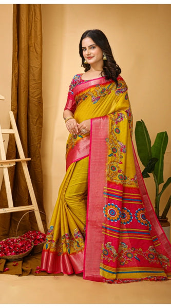 Mayawye Women's Soft Dola Cotton Kalamkari Printed Saree With Unstitched Blouse 5.5Mtr (Yellow)