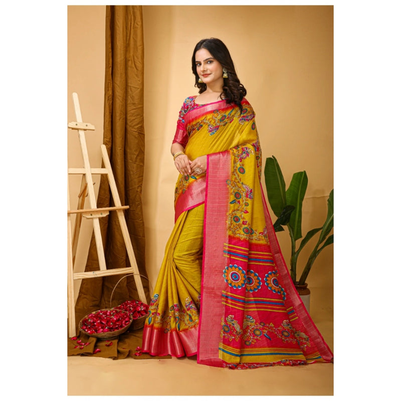 Mayawye Women's Soft Dola Cotton Kalamkari Printed Saree With Unstitched Blouse 5.5Mtr (Yellow)