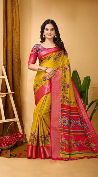Mayawye Women's Soft Dola Cotton Kalamkari Printed Saree With Unstitched Blouse 5.5Mtr (Yellow)
