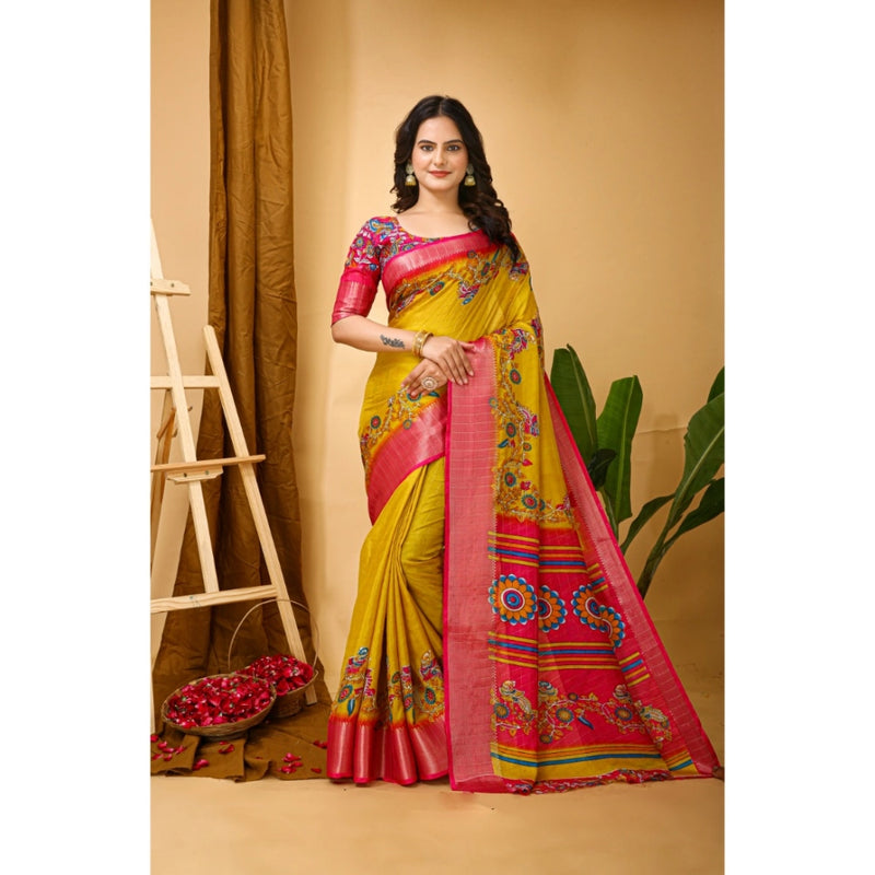 Mayawye Women's Soft Dola Cotton Kalamkari Printed Saree With Unstitched Blouse 5.5Mtr (Yellow)