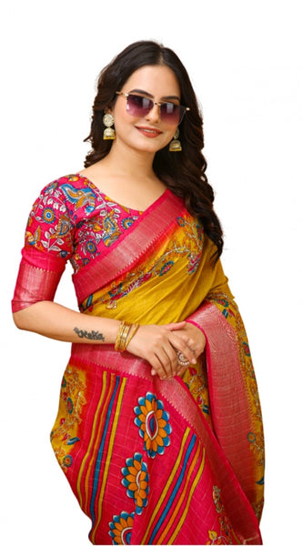 Mayawye Women's Soft Dola Cotton Kalamkari Printed Saree With Unstitched Blouse 5.5Mtr (Yellow)